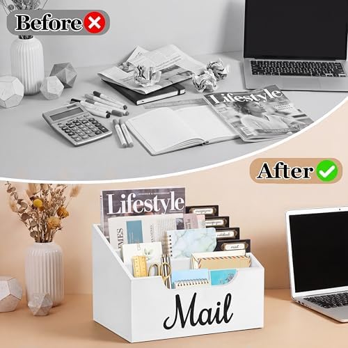 Rustic Wood Mail Organizer Countertop with 4 Slots, Black Mail Holder for Desk, Removable Dividers Mail Sorter, Letter Bill File Organizer for Home Office Classroom, Desktop Organizer with Free Labels