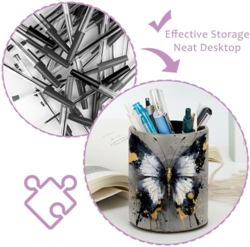 Leather Pen Holder for Desk, Watercolor Butterfly Pencil Cup Pen Organizer Makeup Brush Holder for Office Home Kids Countertop Desk Accessory Storage