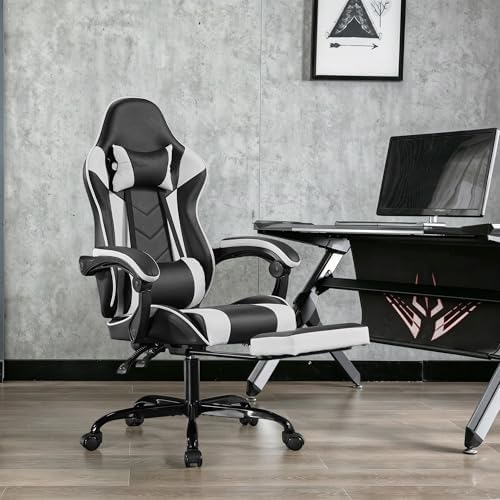 Big and Tall Gaming Chair with Footrest, Ergonomic Computer Desk Chair with Lumbar Support & Headrest, High Back PU Leather Gaming Office Chair, Reclining Swivel Task Chair for Office or Gaming