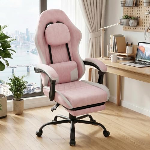 Video Gaming Chair, Ergonomic Office Chair with Footrest, Lumbar Support and Linkage Armrests, Swive Home Video Game Chairs for Adults, Pink