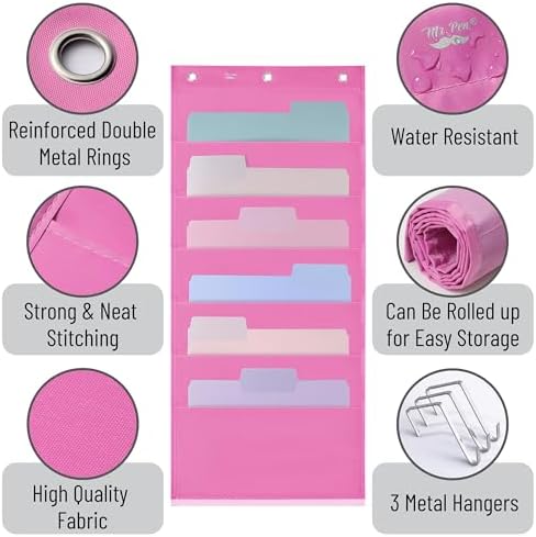 Mr. Pen- Hanging Wall File Organizer, 6 Pocket, Pink