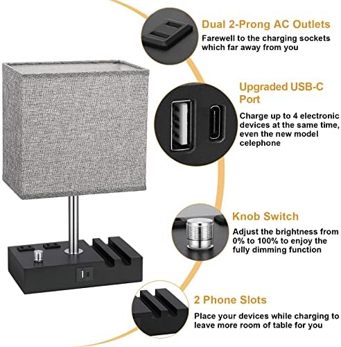 Bedside Table Lamp for Bedroom Nightstand - Stepless Dimmable, 2 AC Outlets