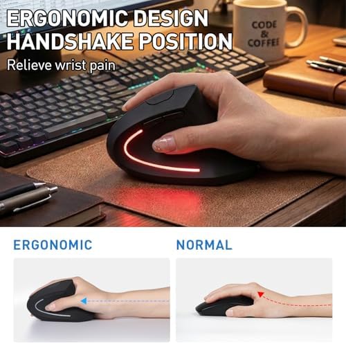 Ergonomic Mouse, Bluetooth and 2.4G Dual Mode Rechargeable Wireless Vertical Mouse, 800/1200/1600 Adjustable DPI, Quiet Clicks,6 Buttons,2.4GHz USB-A Optical Mice for Laptop/MacBook/PC/Desktop-Black