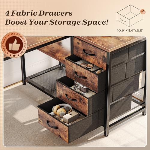PRAISUN 43.3" Small L Shaped Desk with Power Outlets & 4 Drawers