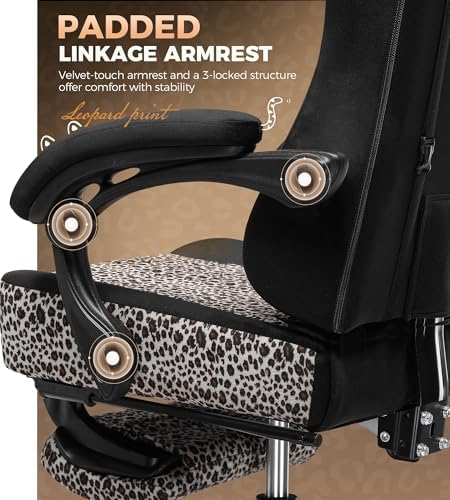 GTPLAYER Gaming Chair with Leopard Print Cat, Cute Velvet Fabric Ergonomic Office Chair with Footrest Headrest and Lumbar Support, Big and Tall Comfortable Video Gamer Chair for Women Gift