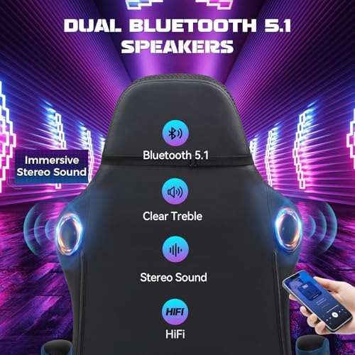 GTPLAYER RGB Gaming Chair with Speakers, Computer Gamer Chair with Footrest and LED Lights, PC Gamer Chairs for Adults, High Back Reclining Office Chairs, Linkage Armrest (Blue, with Speakers)