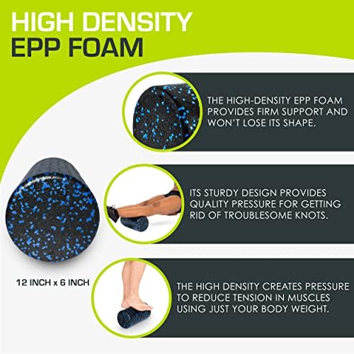 ProsourceFit High Density Foam Rollers 12 - inches long, Firm Full Body Athletic Massage Tool for Back Stretching, Yoga, Pilates, Post Workout Muscle Recuperation, Black/Blue