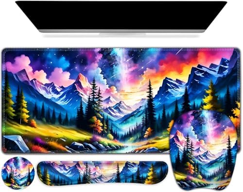 4 in 1 Large Mouse Pad, Keyboard Wrist Rest Set, Ergonomic Mouse Pad with Wrist Support, Desk Mat with Stitched Edges Extended Desk Pad Waterproof Desk Mat for Home Office Game I Landscaping Mountain