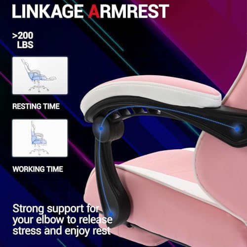 Gaming Chair with Footrest for Adults, PU Leather Video Game Chair with Massage Lumbar Support for Men Women, Ergonomic Computer Gamer Chair for Home Office, Height Adjustable, Pink