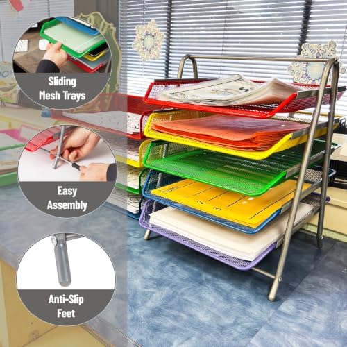 Mind Reader 5-Tier Paper Tray Organizer with Multicolor Trays, Classroom File Organizer for Teachers, Metal Mesh, Assorted Colors