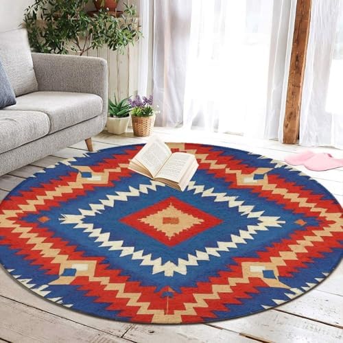 Large Home Decor Mat, Soft Round Yoga Carpet, Non Slip Machine Washable Home Office Circle Rug Aztec Red Blue