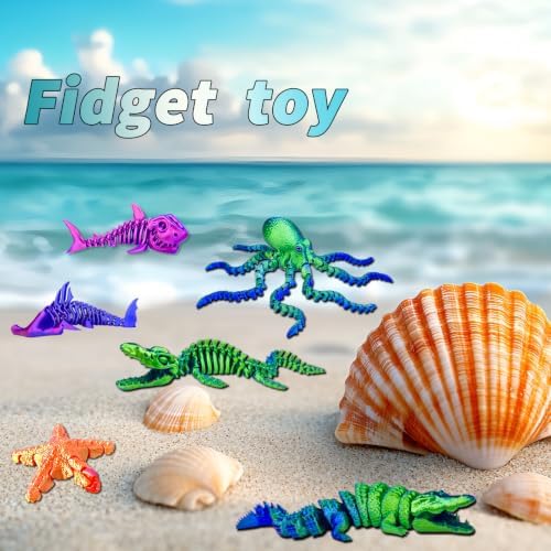6Pcs 3D Printed Fidget Toys, Sea Animals,Articulated 3D Printed Octopus, Starfish,Flexible, Cool 3D Printed Stuff for Desk Decor Kids Adults for Boys Kids Teen 5-7 4-6 8-12