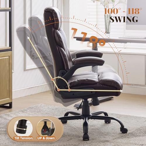 Big and Tall Office Chairs with Adjustable Flip-up Armrests,500LBS Wide Ergonomic Gaming Chair,100-118°Recline Executive Leather Computer Chairs with Adjustable Height,Coffee