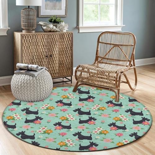 Large Home Decor Mat, Soft Round Yoga Carpet, Non Slip Machine Washable Home Office Circle Rug Black Scottie Dog Floral, 60inch