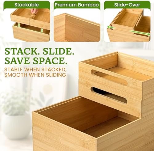 HOMESTEAD 3-Piece Stackable Bamboo Storage Box, Large Storage Bin, Wooden Boxes for Makeup Drawer Organizer Bathroom, Office Supplies, Kitchen Utensils, Bamboo Storage Containers