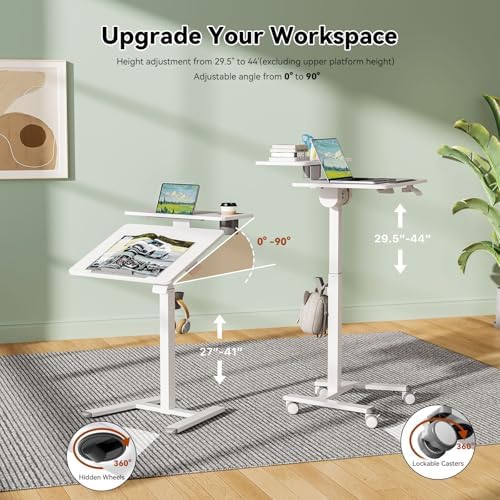 24" Mobile Standing Desk, Tiltable Top with 2-Tier Shelves, White