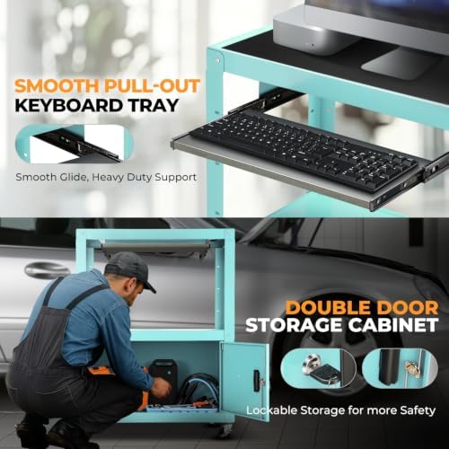 Auto Dynasty Rolling AV Cart, Height Adjustable with Lock Storage, Sky Blue