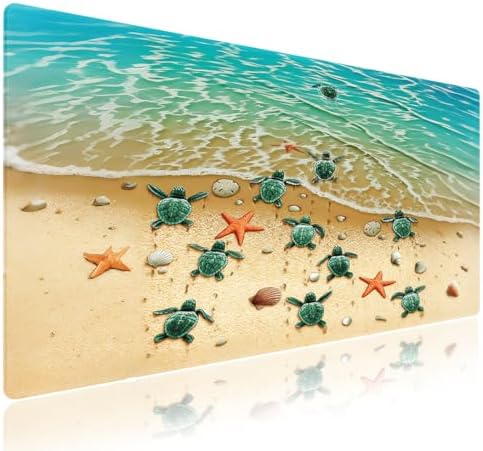 Sea Turtles on The Beach Painting Large Mouse Pad, Blue Ocean Desk Mat