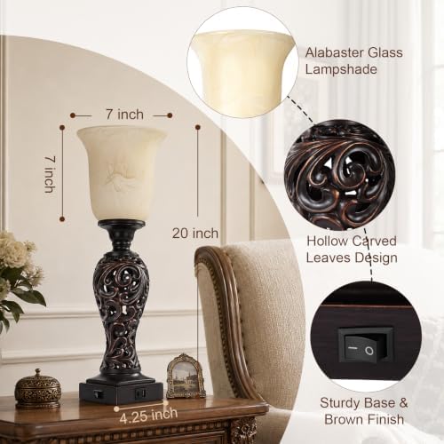 Vintage Table Lamp with 3-Way Dimmable LED Bulb, 2 USB Ports, Dark Brown