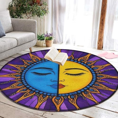 Machine Washable Modern Round Area Rug, Room Sofa Yoga Soft Round Carpet, Home Decor Non Slip Kitchen Office Circle Rug Hippie Sun Moon Art, 36inch