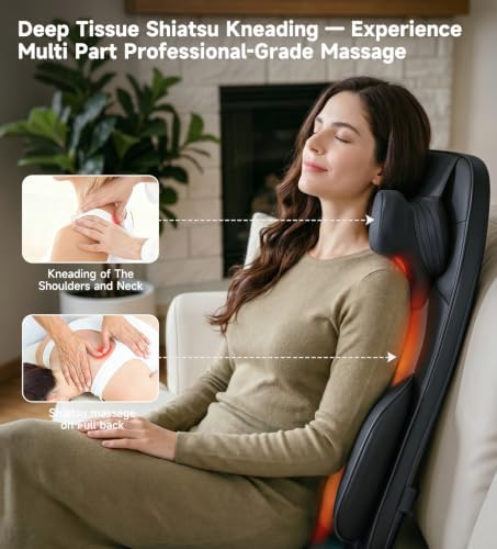 Flekzo Shiatsu Back Massager Chair Pad with 4-Zone Heat, Deep Tissue Kneading & Rolling, 6-Point Finger-Grip Neck & Back Massage, Adjustable Height, Office Chair & Recliner Seat Cushion, Black