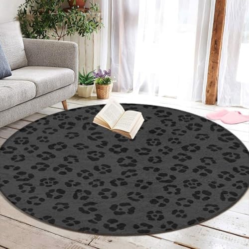 Home Decor Non Slip Kitchen Office Circle Rug, Machine Washable Modern Round Area Rug, Room Sofa Yoga Soft Round Carpet Dark Gray Black Leopard Cheetah Print
