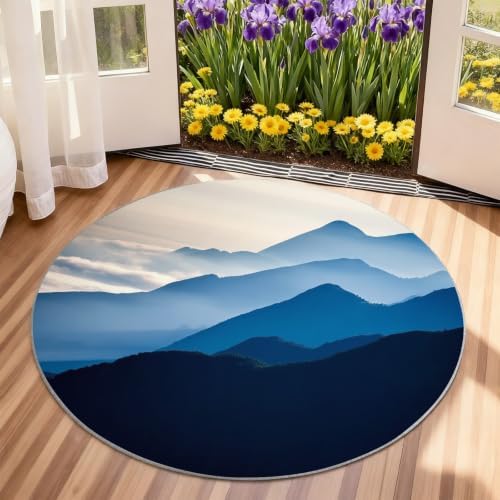 Mountain Round Area Rug - 2.6ft Washable Misty Mountain Round Rug for Kitchen, Natural Landscape Circle Rugs Soft Non-Slip Carpet for Bathroom Entryway Decor Mat