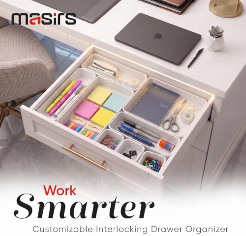Masirs Interlocking Drawer Organizer Bins - Durable Plastic, Various Sizes for Custom Layout Design. Great for Desk Drawer, Tool Box or Garage Organization. (White | 8-Piece Set)