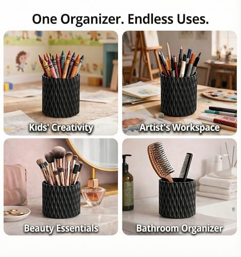 Black Pen Holder for Desk, 360° Rotating Pencil Organizer, 5 Slots