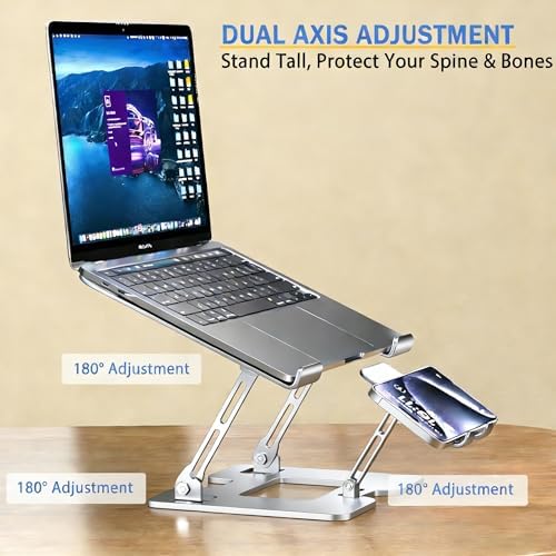 Laptop & Phone 2-in-1 Cooling Stand with Silent Fan, Adjustable Height & Angle, Carbon Steel Foldable Laptop Riser, Gaming Laptop Cooler Pad for Laptops Up to 18 Inch (Silver)