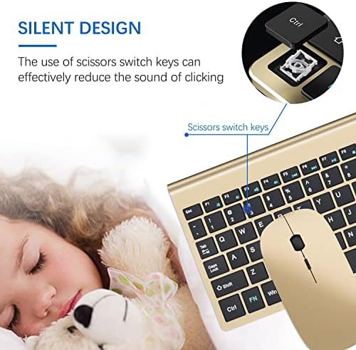 Wireless Keyboard and Mouse Ultra Slim Combo, TopMate - Gold Black