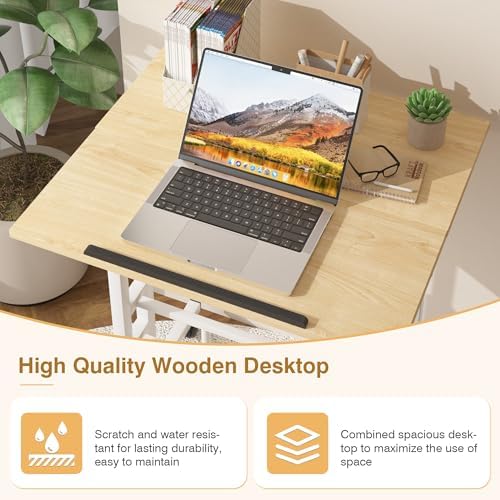 VECELO Small Mobile Standing Desk 24 Inch, Adjustable Height Portable Stand Up Desk with Wheels Computer Workstations, Rolling Laptop Cart, Oak