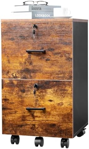 VINGLI 2-Drawer Small Rolling File Cabinet with Lock, Wood Filing Cabinet for Hanging Letter Size Filings with Tabs, Mobile Under Desk File Cabinets for Home Office, Rustic Brown, 27.2" H