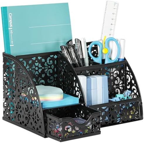 EasyPAG Desk Organizer and Pen Holder for Desk, Mesh Office Supplies Storage Caddy with Drawer for Small Space, Desktop Organizer for Home Office, Black