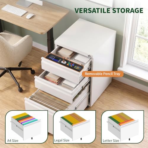 3 Drawer Metal File Cabinet with Lock & Rolling Casters
