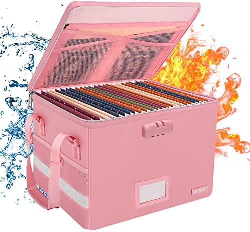 ENGPOW File Box with Lock, Fireproof Document Box with Zipper＆Pockets, Collapsible File Organizer Filing Storage Cabinet with Handle, Portable Home Office Safe for Hanging Letter/Legal Folder, Pink