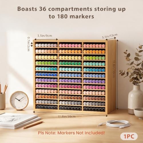 Marker Organizer for 180 Markers Bamboo Wooden Desk Storage Organizer Rack Bamboo Marker-Organizer All-in-One Marker Storage for Art Markers, Brush Pens, Pencils