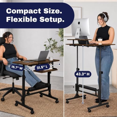 Small Rolling Desk with Wheels, Adjustable Height 27"-43.3" Portable Standing Desk, 31.5"x15.7" Tabletop, Mobile Laptop Computer Table for Home Office Workstation, Rustic Brown