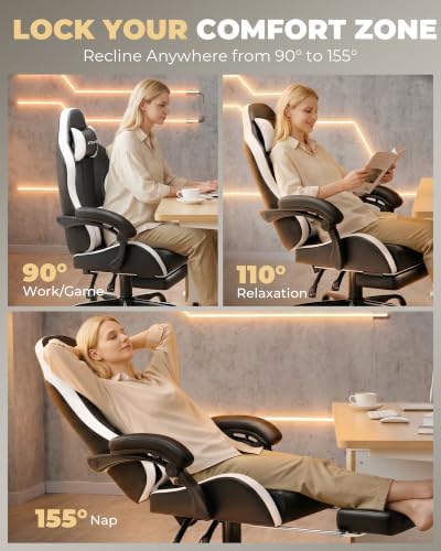 GTPLAYER Gaming Chair for Adults, Computer Chair with Footrest, Snow White