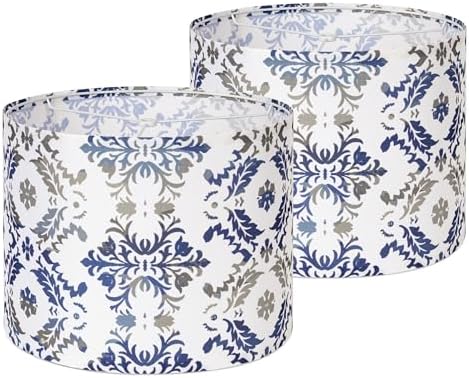 AELS Vintage Lamp Shades Set of 2, Blue and Gray Fabric Drum Lampshades for Table or Floor Lamps, 13x13x10 Medium Size (Spider Fitter), Easy Assembly Required