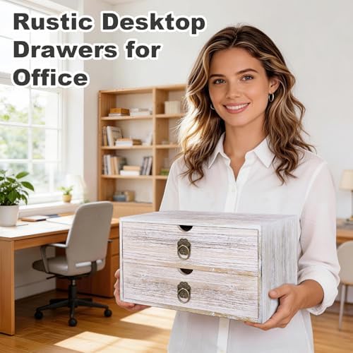 Wood Desk Organizer, Vintage Brown Wooden Desktop Organizer with Drawer, Tabletop Storage Organization Box for Countertop, Home Office Supplies, Bills, 13.3 x 6.5 x 7 Inches(2 Drawer)