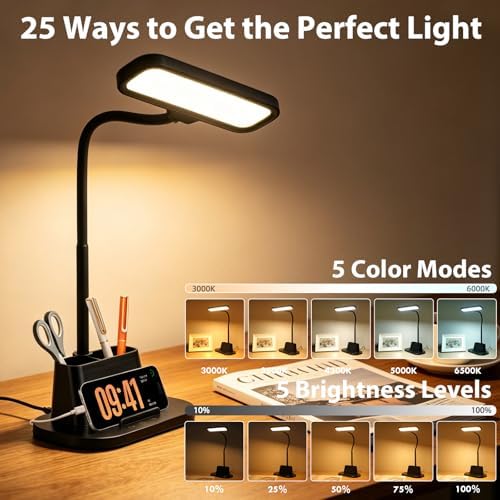 LED Desk Lamp for Dorm Small Desk Lamp with Pen Holder 5 Color Modes Black