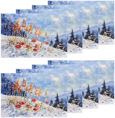 Shrahala Winter Flowers Landscape Set of 8 12 X 18 Inch Linen Placemats, Red Orange Watercolor Poppies Burlap Table Mat Washable Double Layered Heat Insulation for Indoor