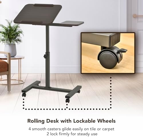 Displays By Jack Adjustable Height Rolling Laptop Desk with Tilting Top & Side Shelf – Mobile Sit Stand Computer Table on Wheels for Home Office, Classroom, Study Room
