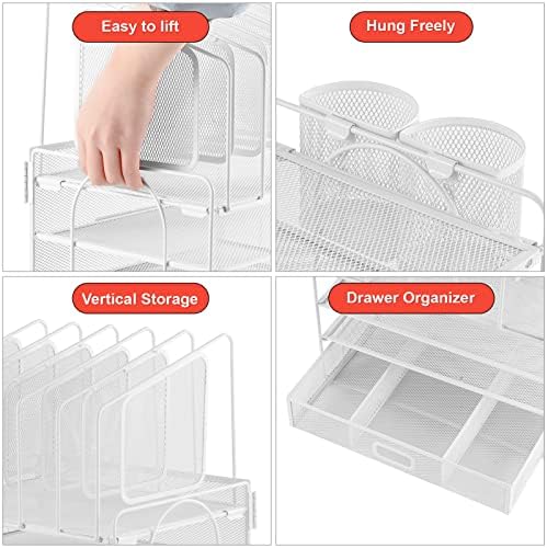 Marbrasse Desk Organizers, 4-Tier Mesh Desk File Organizer with 5 Vertical File Holders and 2 Pen Holders, Multifunction Desktop Organizer,Desk Organizers and Accessories for Home Office (White)