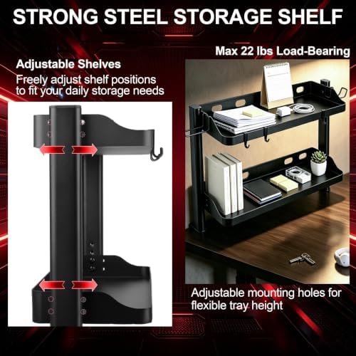 Clamp On Desk Shelf Organizer, 2-Tier Storage with Hooks