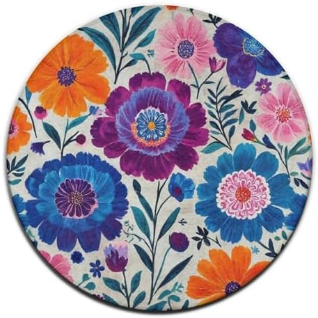 Women's Large Home Decor Mat, Soft Round Yoga Carpet, Non Slip Machine Washable Home Office Circle Rug Boho Floral Blossom