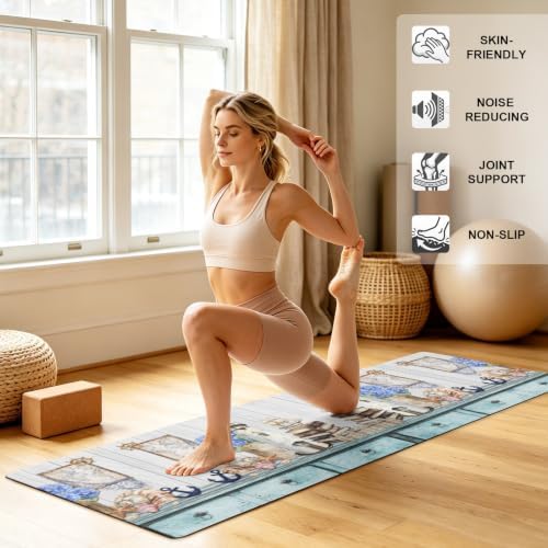 Vintage Lighthouse Anchor Flower Yoga Mat,Exercise Mat for Men Women Shell Starfish on Desk Non-Slip Yoga Mats with Carrying Strap Cushioned Workout Mat For Home Gym Pilates Fitness