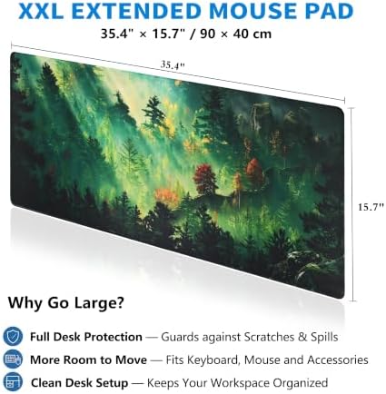 Extended Mystic Forest Desk Mat, XXL Large Gaming Mouse Pad, Green Landscape Stitched Edges Waterproof with Non-Slip Rubber Base for Computer Keyboard Laptop Work Home Office 35.4"x15.7"