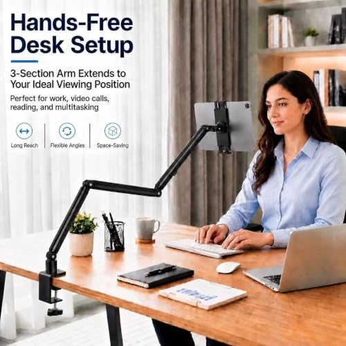 C-Clamp Tablet Mount with 30" Long Arm, Heavy Duty iPad Desk Stand for 4.7-15.6" iPad Pro/Air/Mini, iPhone, Samsung Galaxy Tab, Portable Monitor, 360° Swivel Holder for Office/Kitchen/Bedside